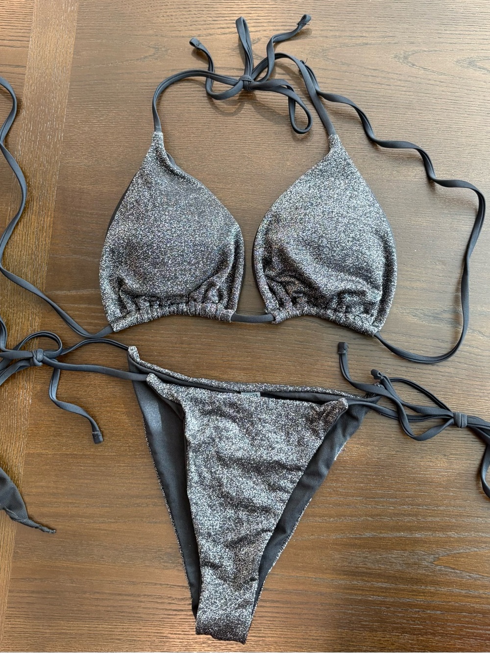 NWOT Sparkle Grey Triangle Bikini Set with Sarong - Picture 3 of 5